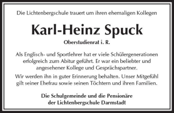 Traueranzeige von Karl-Heinz Spuck von Trauerportal Rhein Main Presse