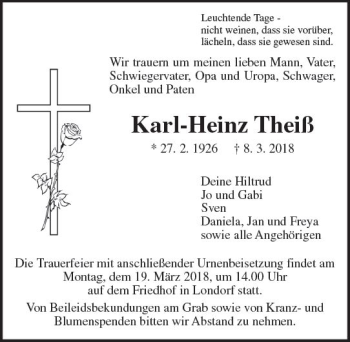 Traueranzeige von Karl-Heinz Theiß von  Gießener Anzeiger