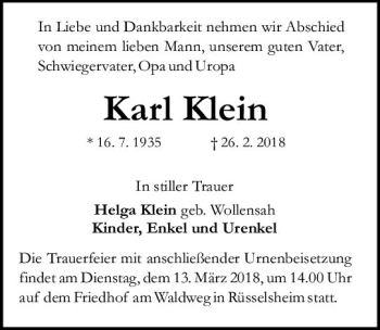 Traueranzeige von Karl Klein von Trauerportal Rhein Main Presse