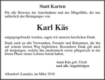 Traueranzeige von Karl Käs von  Gießener Anzeiger