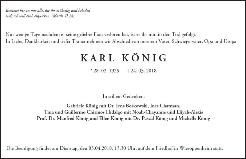  Traueranzeige für Karl König vom 28.03.2018 aus Trauerportal Rhein Main Presse