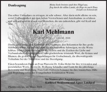 Traueranzeige von Karl Mehlmann von Trauerportal Rhein Main Presse