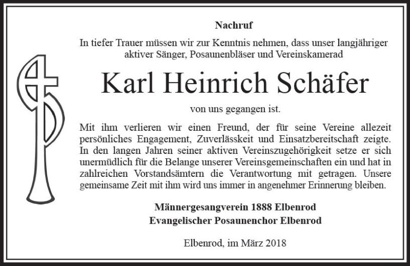  Traueranzeige für Karl Heinrich Schäfer vom 01.03.2018 aus VRM Trauer
