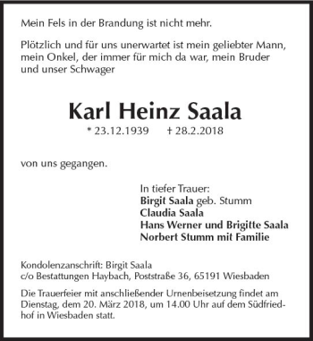 Traueranzeige von Karl Heinz Saala von Trauerportal Rhein Main Presse