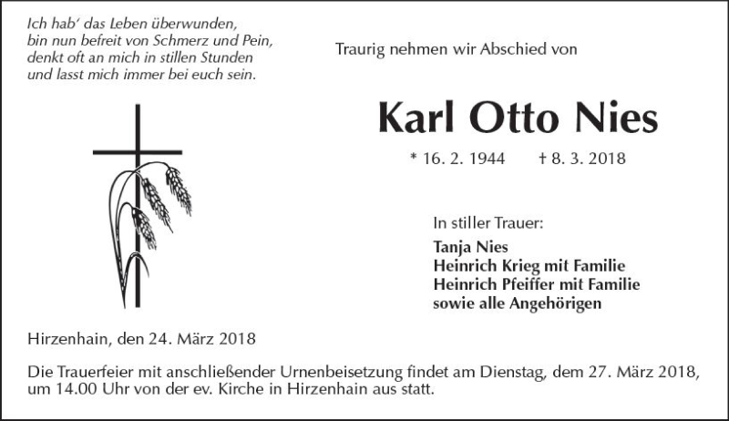  Traueranzeige für Karl Otto Nies vom 24.03.2018 aus  Kreisanzeiger