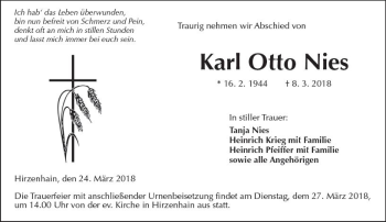 Traueranzeige von Karl Otto Nies von  Kreisanzeiger