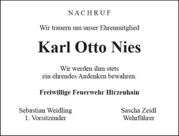 Traueranzeige von Karl Otto Nies von  Kreisanzeiger