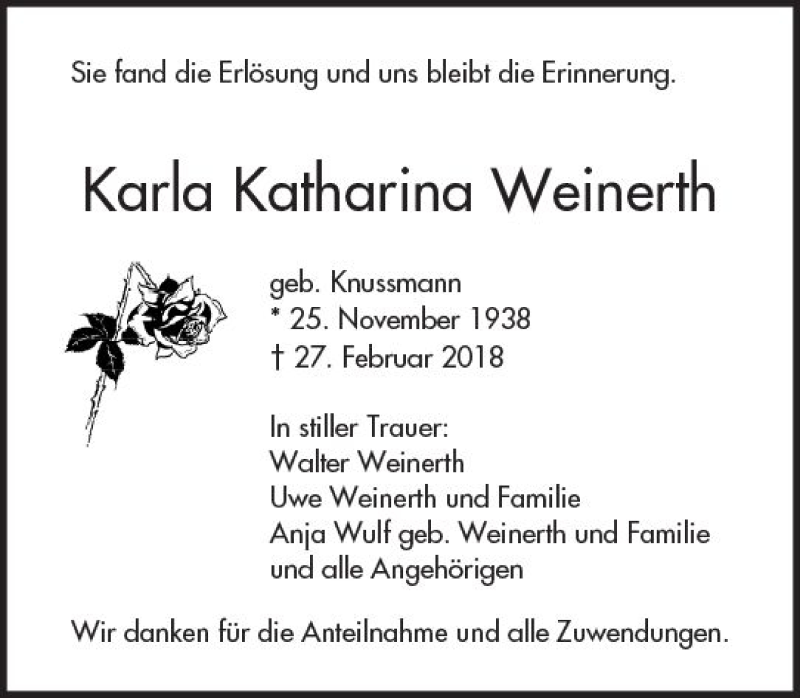  Traueranzeige für Karla Katharina Weinerth vom 27.03.2018 aus Trauerportal Rhein Main Presse