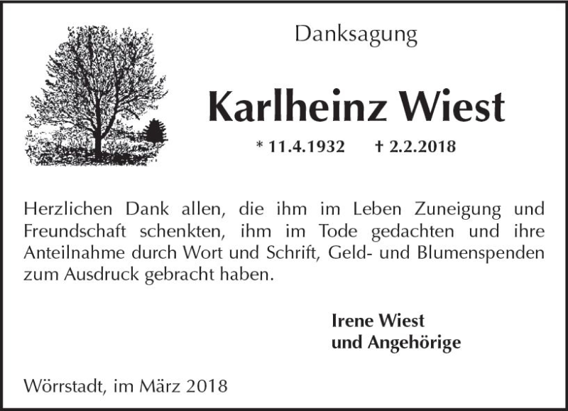  Traueranzeige für Karlheinz Wiest vom 07.03.2018 aus Trauerportal Rhein Main Presse