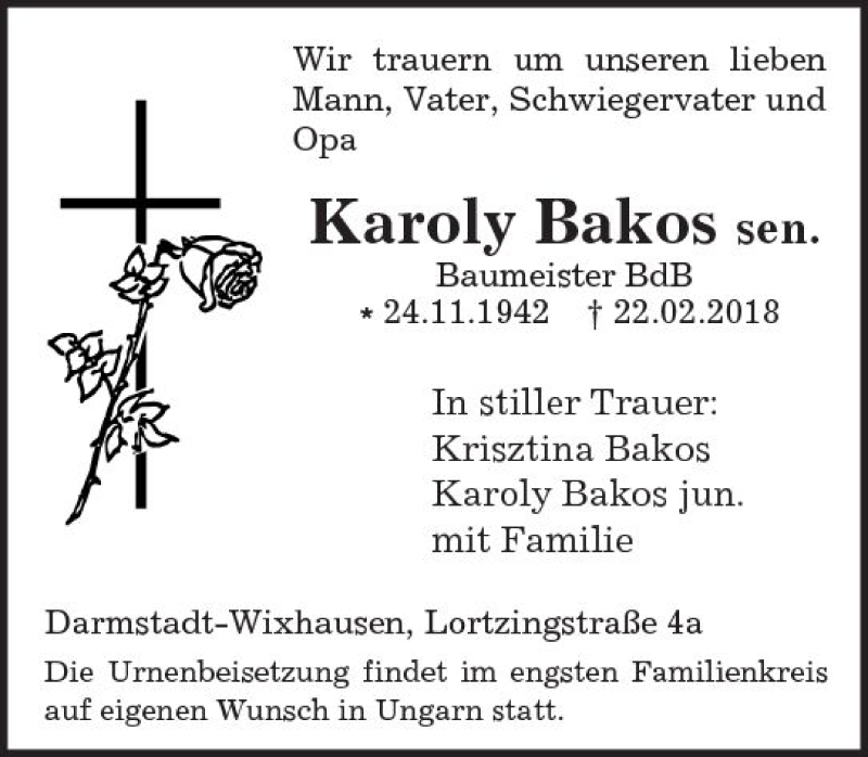  Traueranzeige für Karoly Bakos vom 03.03.2018 aus Trauerportal Rhein Main Presse