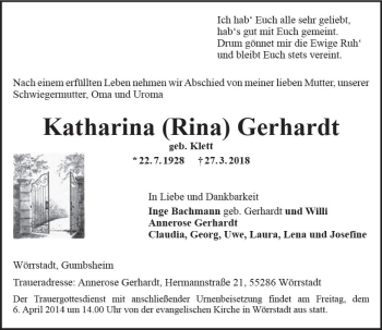 Traueranzeige von Katharina  Gerhardt von Trauerportal Rhein Main Presse