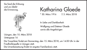 Traueranzeige von Katharina Gloede von  Usinger Anzeiger