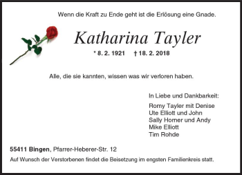 Traueranzeige von Katharina Tayler von Trauerportal Rhein Main Presse