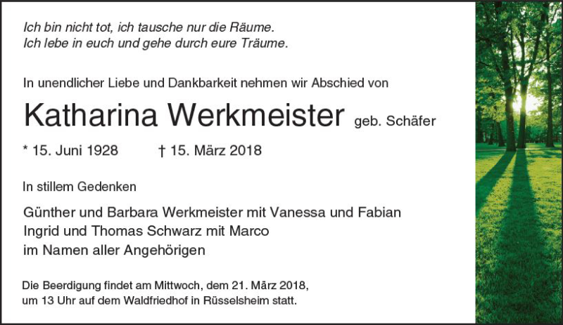  Traueranzeige für Katharina Werkmeister vom 19.03.2018 aus Trauerportal Rhein Main Presse