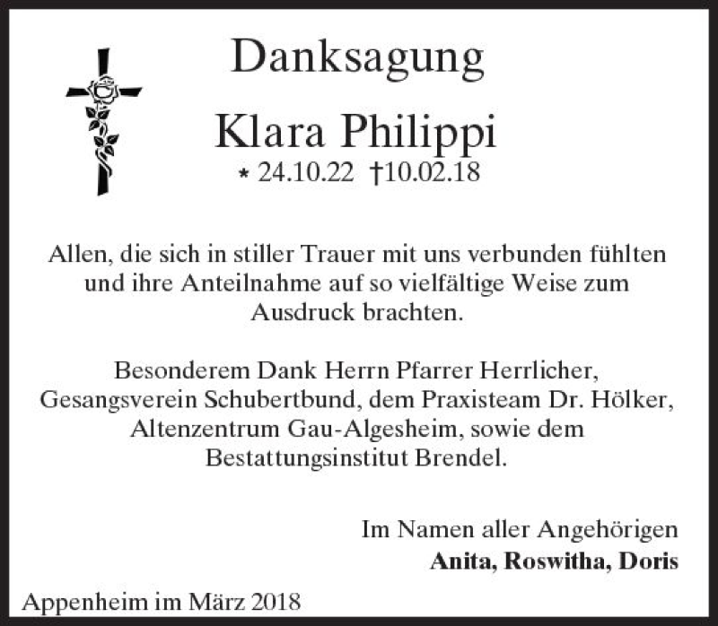  Traueranzeige für Klara Philippi vom 10.03.2018 aus Trauerportal Rhein Main Presse