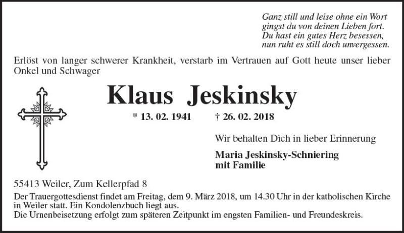  Traueranzeige für Klaus Jeskinsky vom 03.03.2018 aus Trauerportal Rhein Main Presse