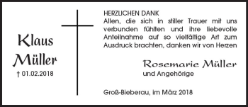 Traueranzeige von Klaus Müller von Trauerportal Rhein Main Presse