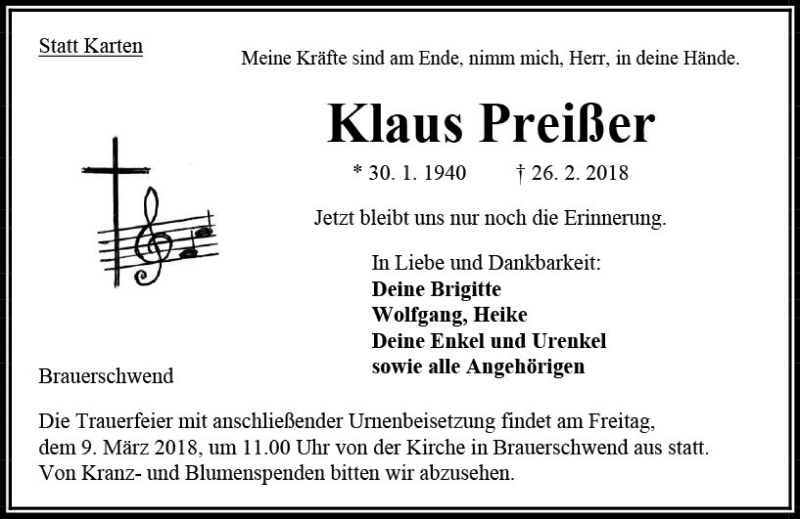  Traueranzeige für Klaus Preißer vom 06.03.2018 aus VRM Trauer