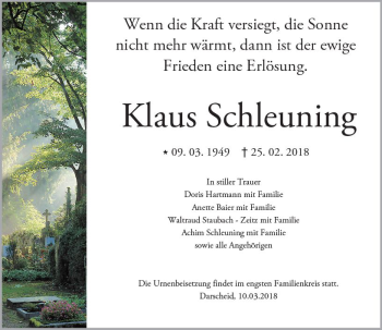 Traueranzeige von Klaus Schleuning von VRM Trauer