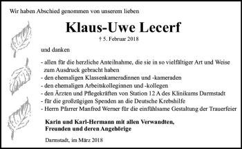 Traueranzeige von Klaus-Uwe Lecerf von Trauerportal Rhein Main Presse