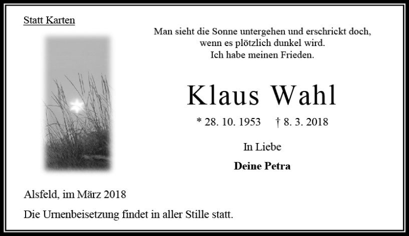  Traueranzeige für Klaus Wahl vom 14.03.2018 aus VRM Trauer