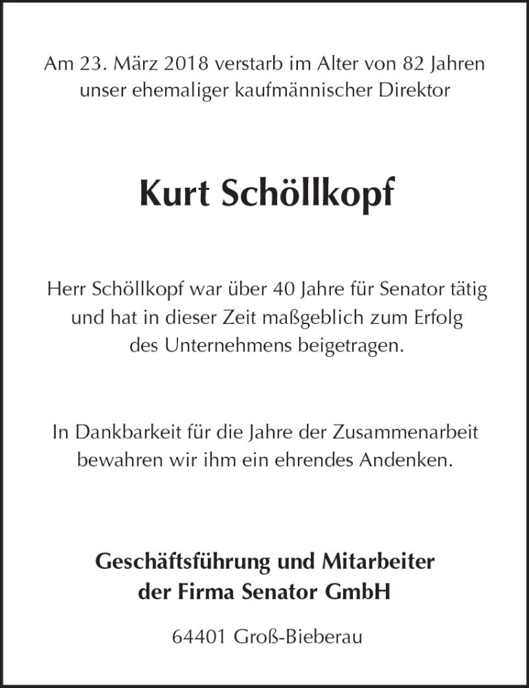  Traueranzeige für Kurt Schöllkopf vom 29.03.2018 aus Trauerportal Rhein Main Presse