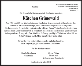 Traueranzeige von Kätchen Grünewald von VRM Trauer