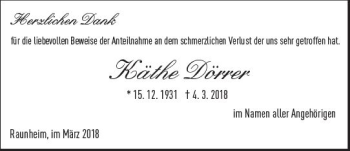 Traueranzeige von Käthe Dörrer von Trauerportal Rhein Main Presse