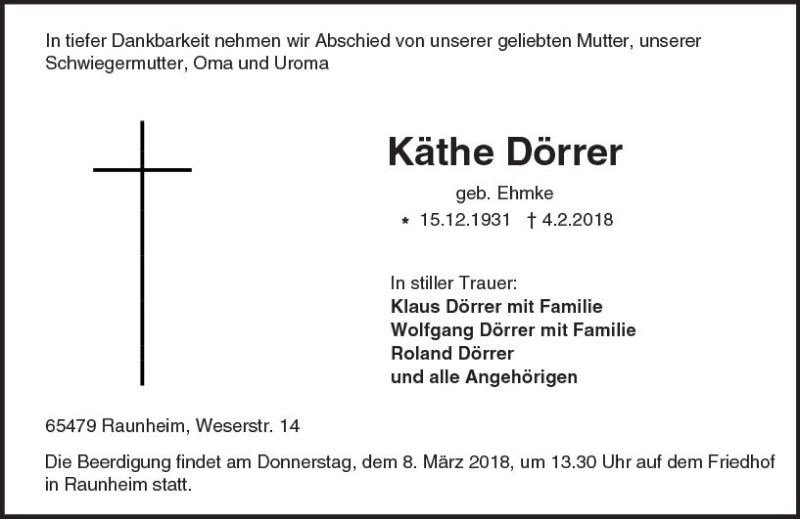  Traueranzeige für Käthe Dörrer vom 06.03.2018 aus Trauerportal Rhein Main Presse