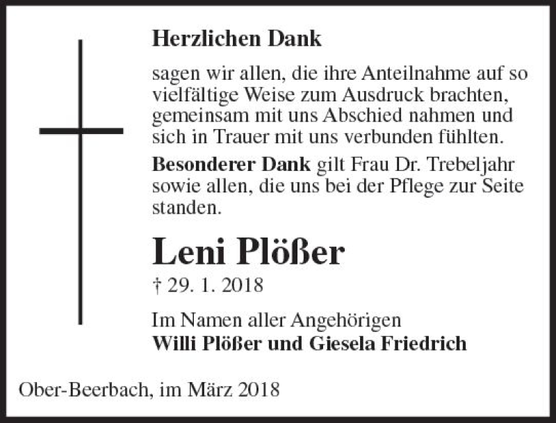  Traueranzeige für Leni Plößer vom 03.03.2018 aus Trauerportal Rhein Main Presse