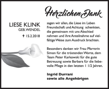 Traueranzeige von Liese Klink von Trauerportal Rhein Main Presse