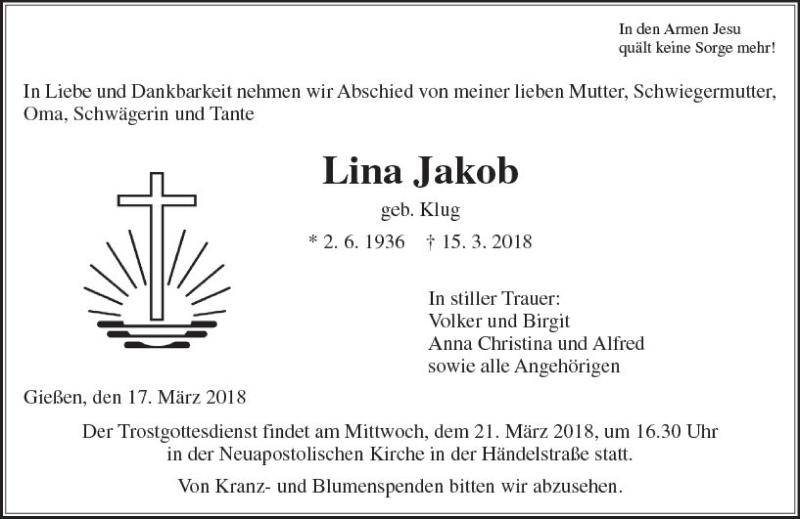  Traueranzeige für Lina Jakob vom 17.03.2018 aus  Gießener Anzeiger