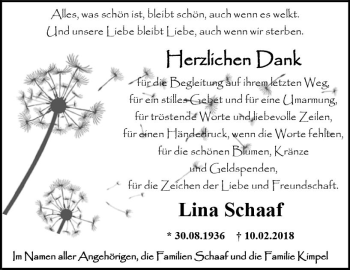 Traueranzeige von Lina Schaaf von VRM Trauer