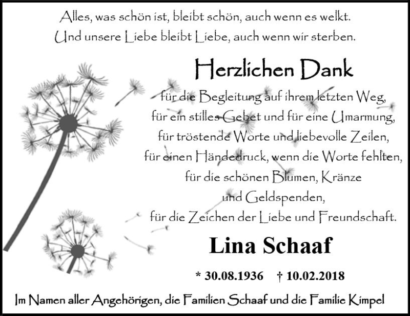  Traueranzeige für Lina Schaaf vom 31.03.2018 aus VRM Trauer