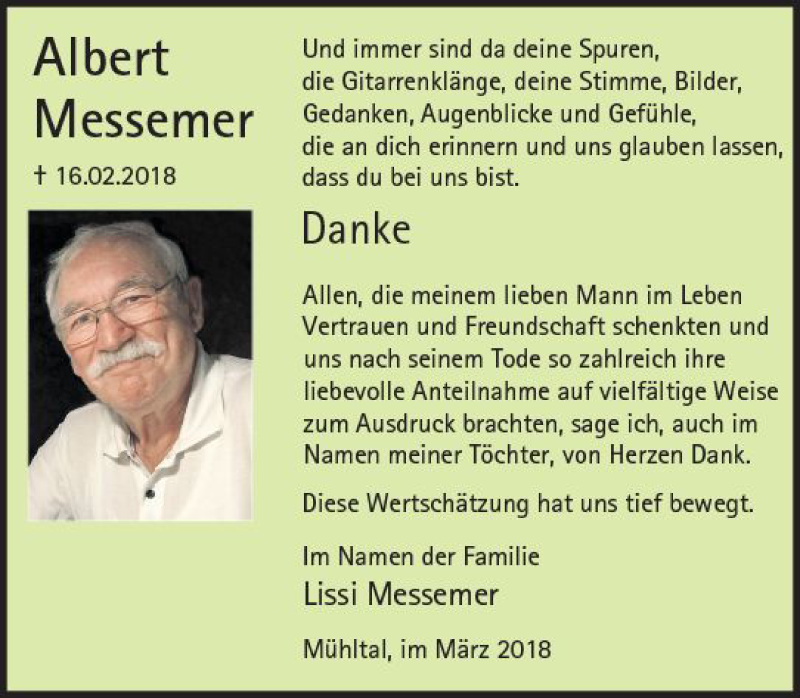  Traueranzeige für Lissi Messemer vom 10.03.2018 aus Trauerportal Rhein Main Presse