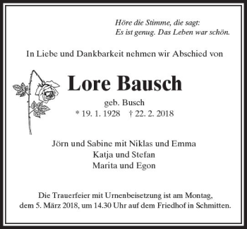 Traueranzeige von Lore Bausch von  Usinger Anzeiger