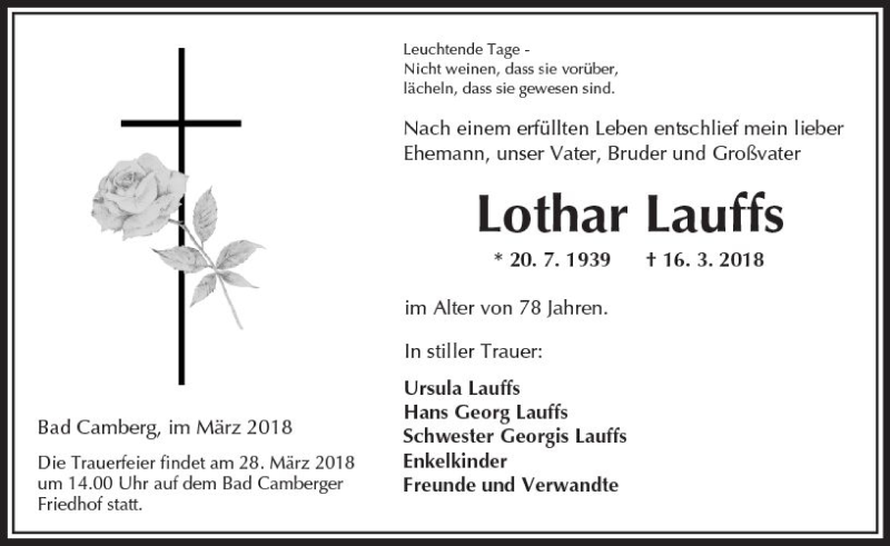  Traueranzeige für Lothar Lauffs vom 22.03.2018 aus  Camberger Anzeiger
