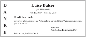 Traueranzeige von Luise Baiser von  Gießener Anzeiger