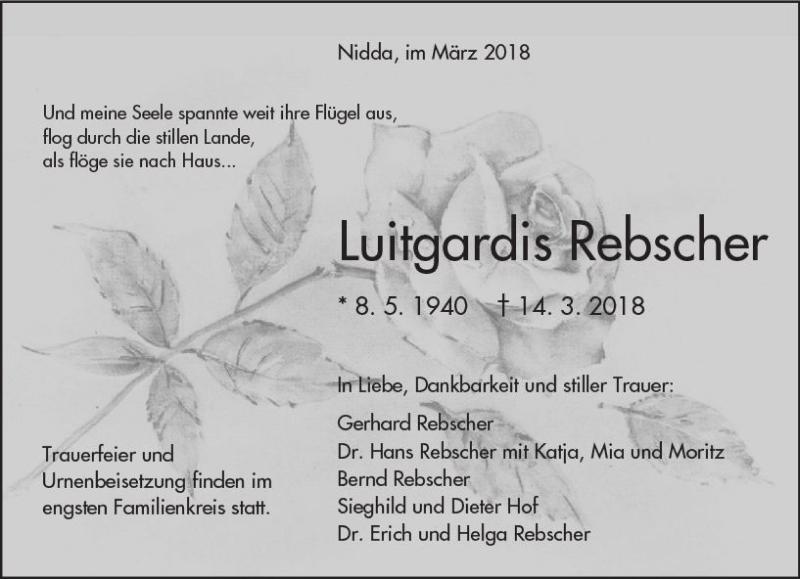  Traueranzeige für Luitgardis Rebscher vom 17.03.2018 aus  Kreisanzeiger