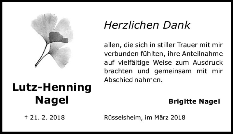  Traueranzeige für Lutz-Henning Nagel vom 10.03.2018 aus Trauerportal Rhein Main Presse