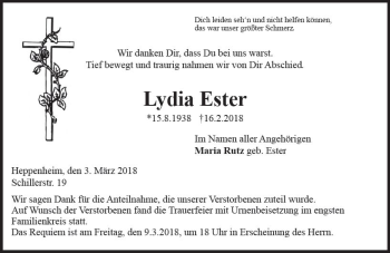 Traueranzeige von Lydia Ester von Trauerportal Rhein Main Presse