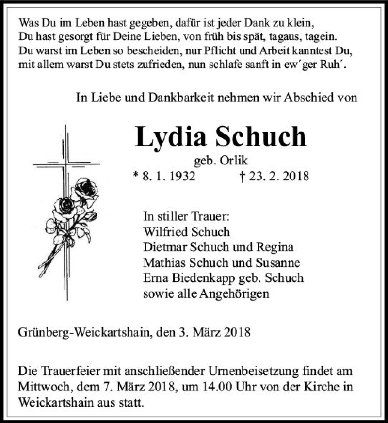  Traueranzeige für Lydia Schuch vom 03.03.2018 aus  Gießener Anzeiger