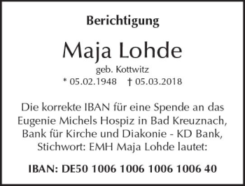 Traueranzeige von Maja Lohde von Trauerportal Rhein Main Presse