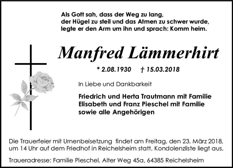  Traueranzeige für Manfred Lämmerhirt vom 20.03.2018 aus Trauerportal Rhein Main Presse
