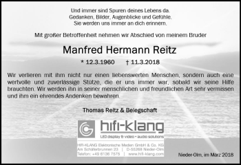 Traueranzeige von Manfred Reitz von Trauerportal Rhein Main Presse