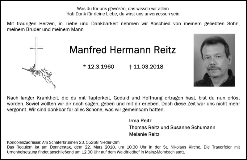  Traueranzeige für Manfred Reitz vom 17.03.2018 aus Trauerportal Rhein Main Presse