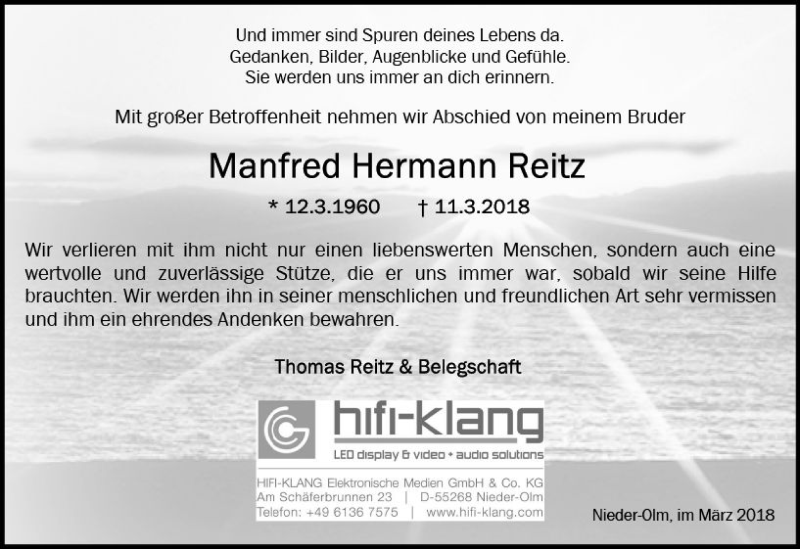  Traueranzeige für Manfred Reitz vom 17.03.2018 aus Trauerportal Rhein Main Presse
