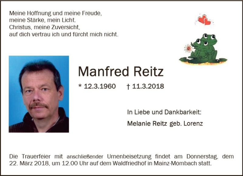  Traueranzeige für Manfred Reitz vom 17.03.2018 aus Trauerportal Rhein Main Presse