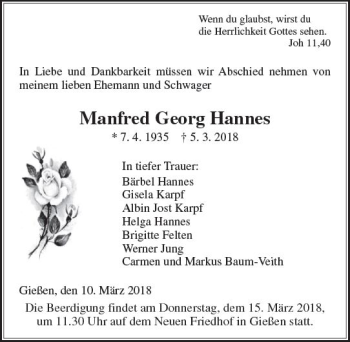 Traueranzeige von Manfred Georg Hannes von  Gießener Anzeiger