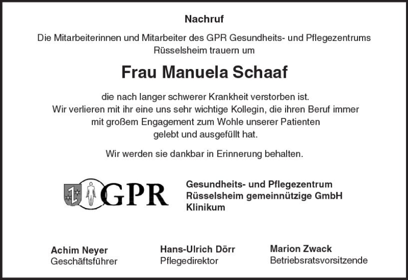  Traueranzeige für Manuela Schaaf vom 31.03.2018 aus Trauerportal Rhein Main Presse